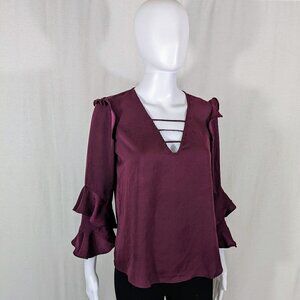 Express Silky Blouse Maroon Frilly Sleeves Women's Size XS